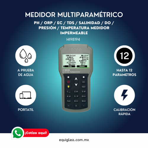 Medidor multiparamtrico impermeable para pH, ORP, conductividad, slidos totales disueltos, oxgeno disuelto, presin y temperatura