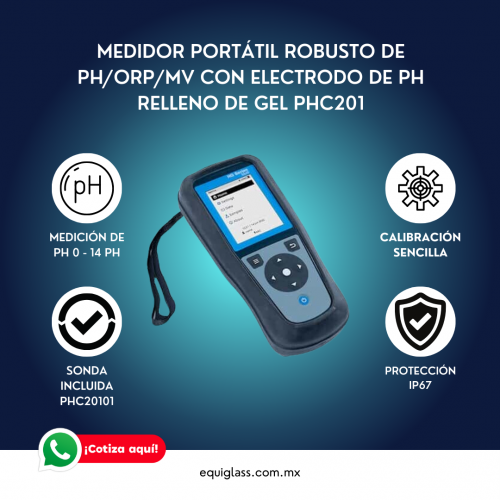 Medidor porttil robusto de pH/ORP/mV con electrodo de pH relleno de gel PHC201 con cable de 1 m